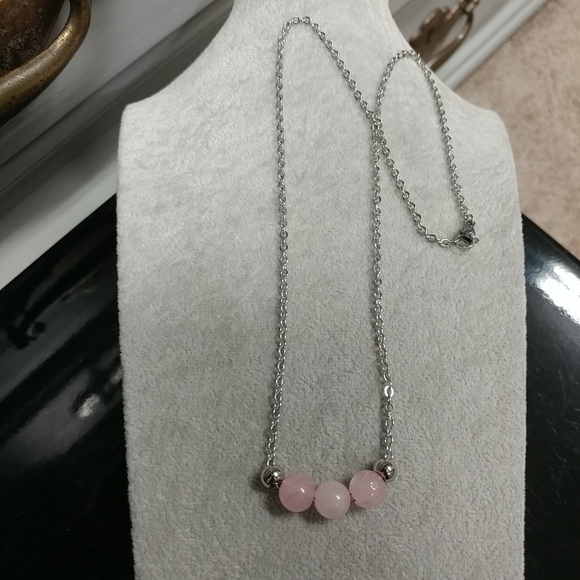 Rose Quartz Three Bead Necklace Natural Gemstone Crystal Stainless-Steel Chain - Picture 7 of 11